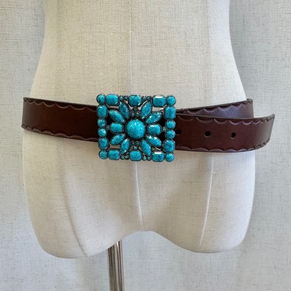 Accessories - Western Boho Turquoise Flower Buckle Brown Genuine Leather Belt XL